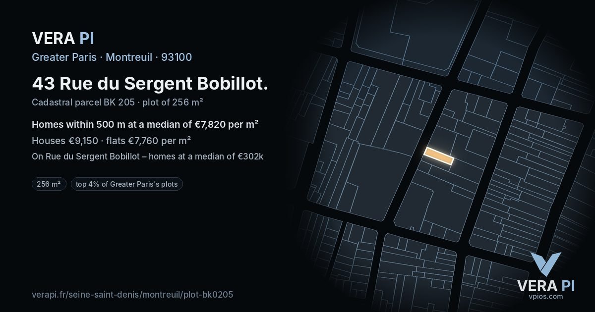 43 Rue du Sergent Bobillot, Montreuil at night – the plot lit, the parcels around coloured by the prices near them