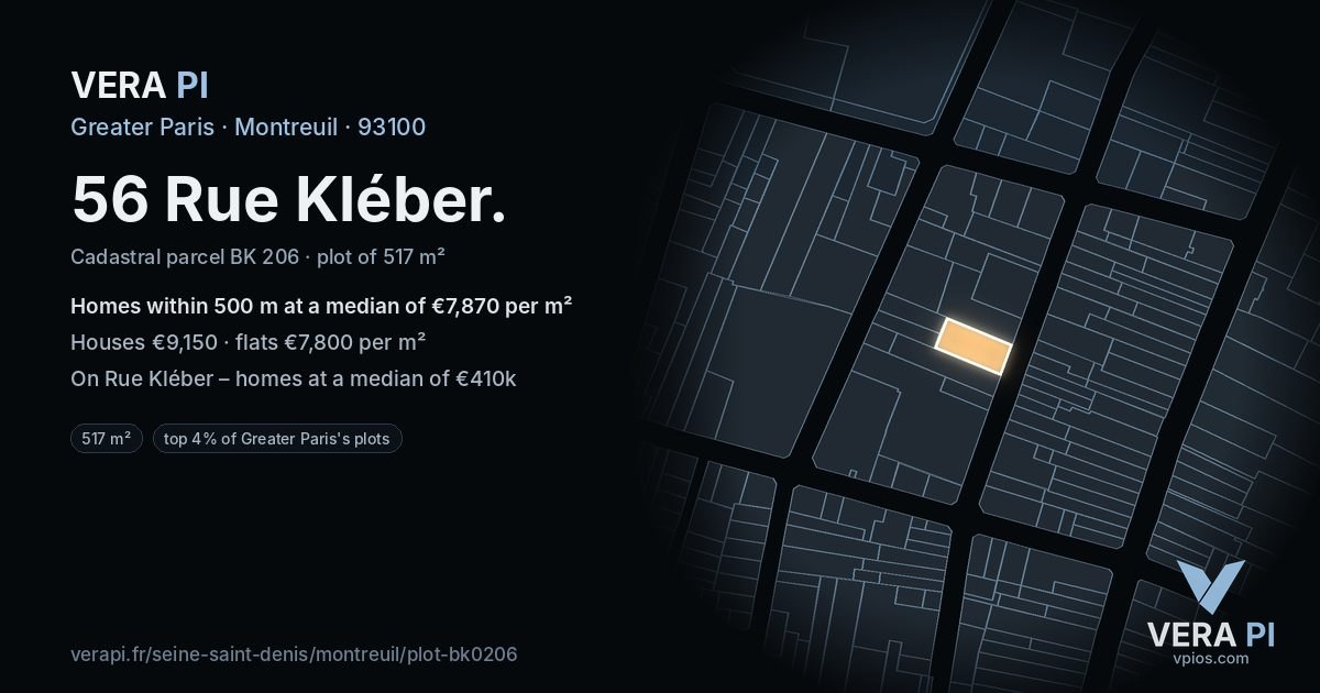 56 Rue Kléber, Montreuil at night – the plot lit, the parcels around coloured by the prices near them
