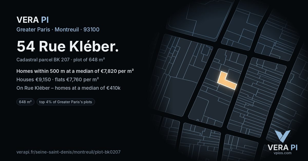 54 Rue Kléber, Montreuil at night – the plot lit, the parcels around coloured by the prices near them