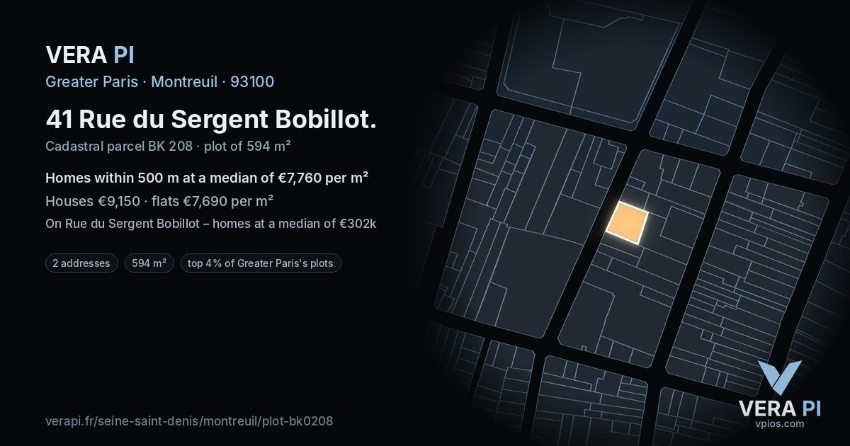 41 Rue du Sergent Bobillot, Montreuil at night – the plot lit, the parcels around coloured by the prices near them