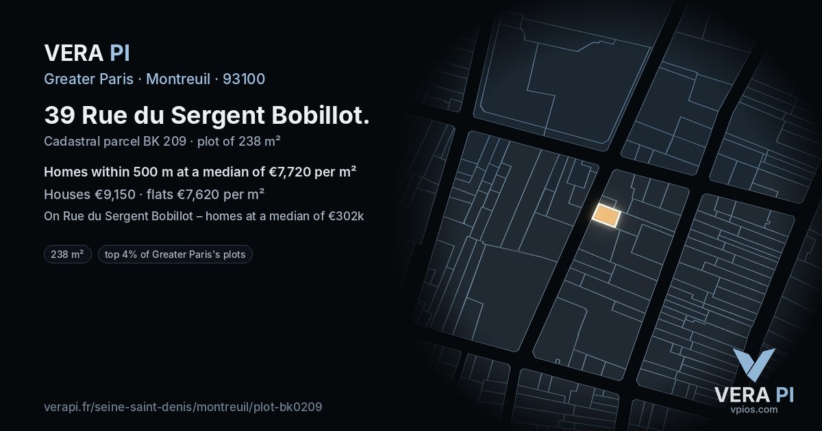 39 Rue du Sergent Bobillot, Montreuil at night – the plot lit, the parcels around coloured by the prices near them