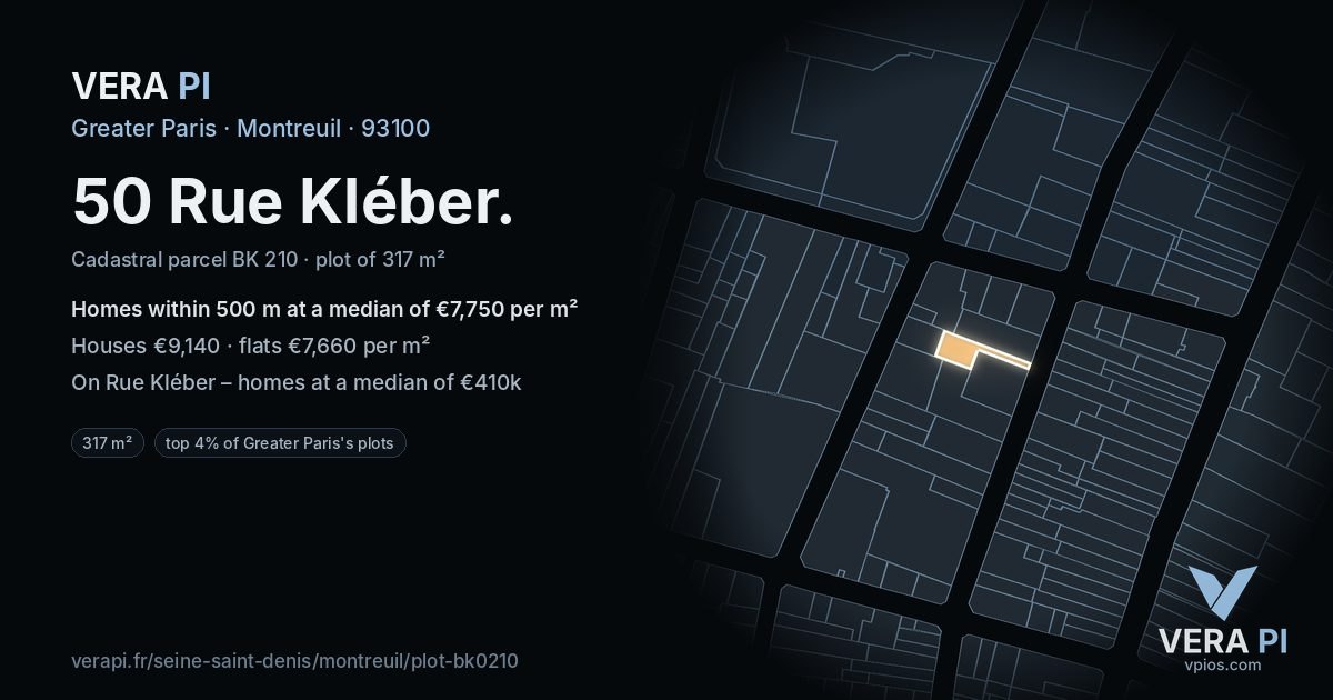 50 Rue Kléber, Montreuil at night – the plot lit, the parcels around coloured by the prices near them