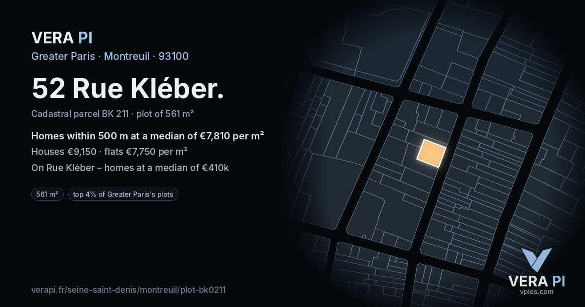 52 Rue Kléber, Montreuil at night – the plot lit, the parcels around coloured by the prices near them