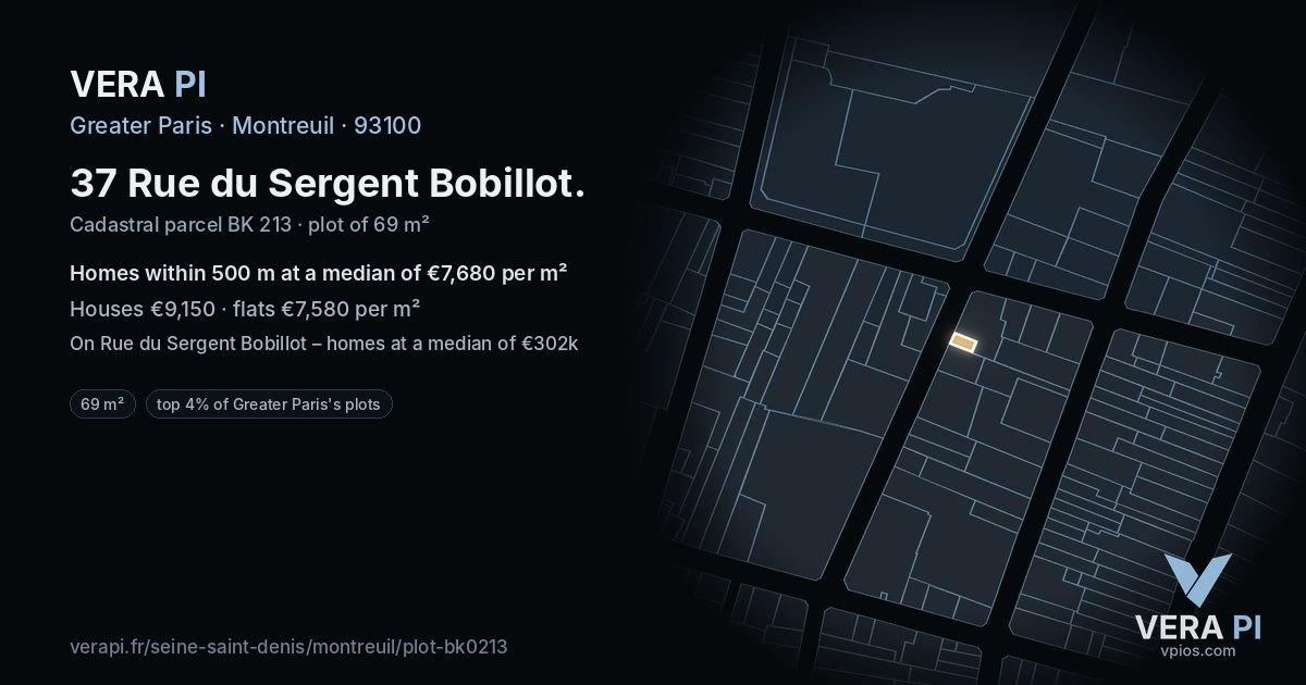 37 Rue du Sergent Bobillot, Montreuil at night – the plot lit, the parcels around coloured by the prices near them