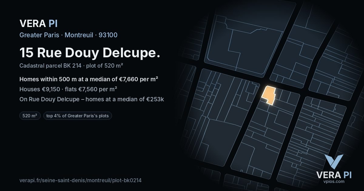 15 Rue Douy Delcupe, Montreuil at night – the plot lit, the parcels around coloured by the prices near them