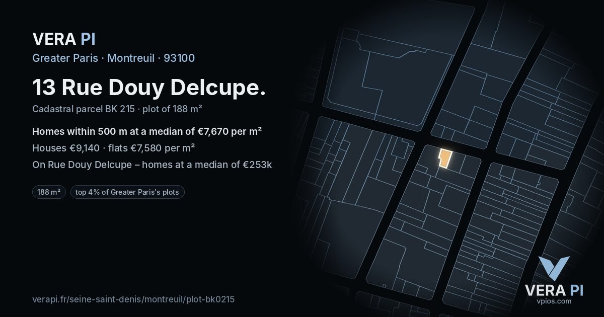 13 Rue Douy Delcupe, Montreuil at night – the plot lit, the parcels around coloured by the prices near them