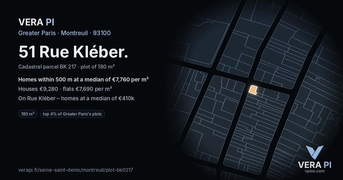 51 Rue Kléber, Montreuil at night – the plot lit, the parcels around coloured by the prices near them