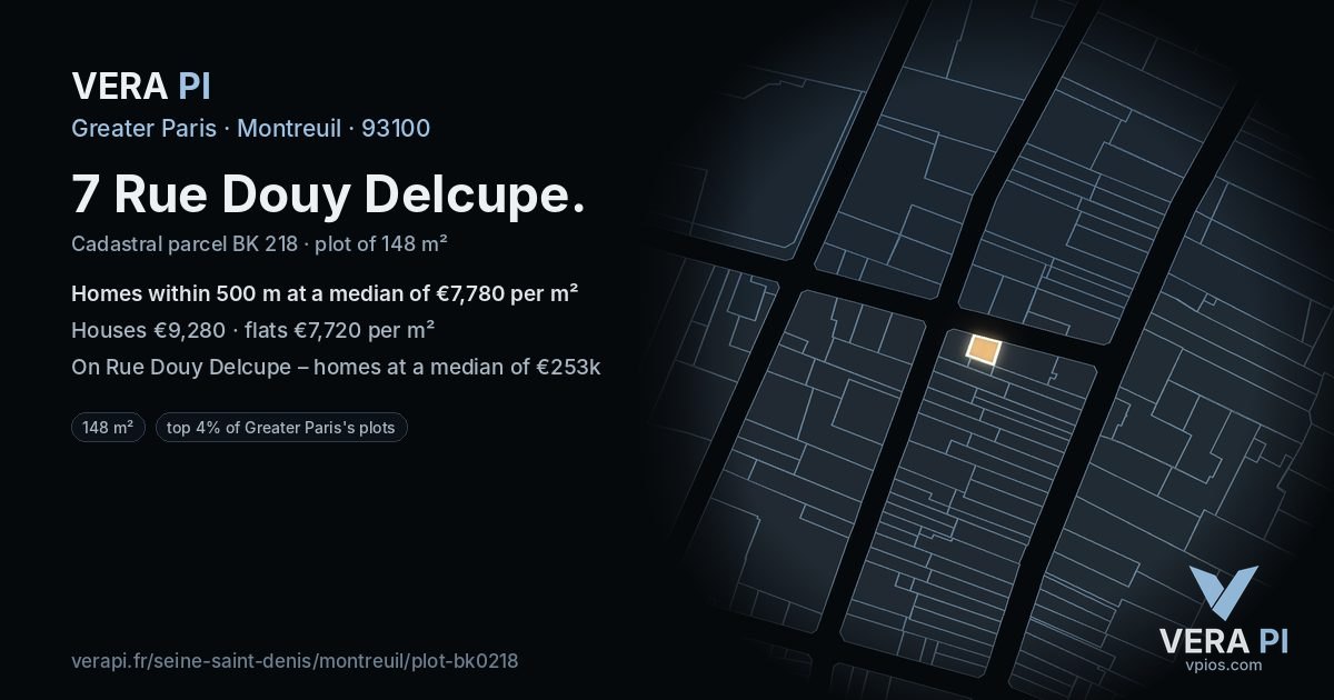 7 Rue Douy Delcupe, Montreuil at night – the plot lit, the parcels around coloured by the prices near them