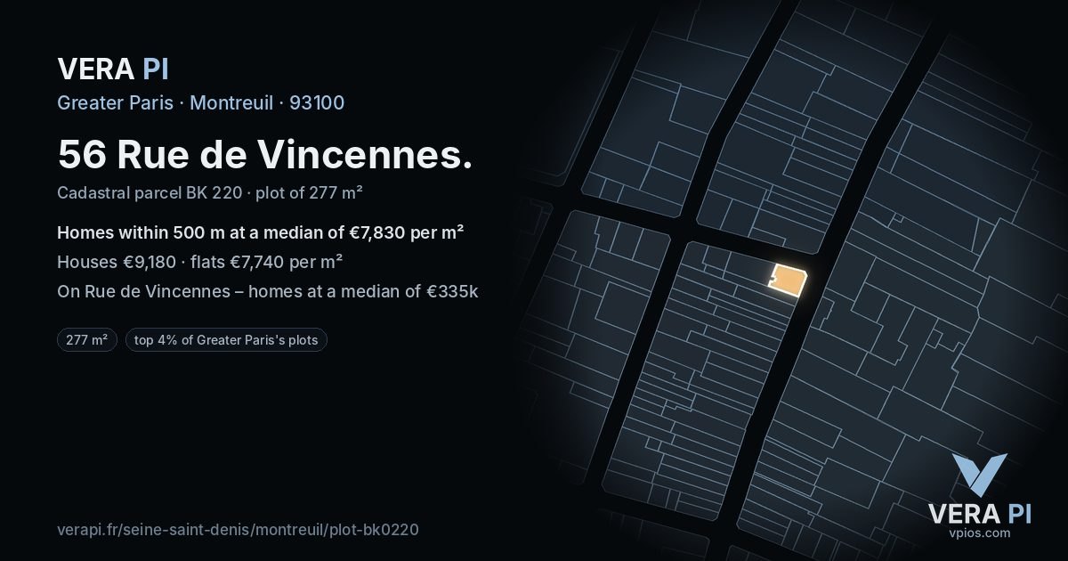 56 Rue de Vincennes, Montreuil at night – the plot lit, the parcels around coloured by the prices near them