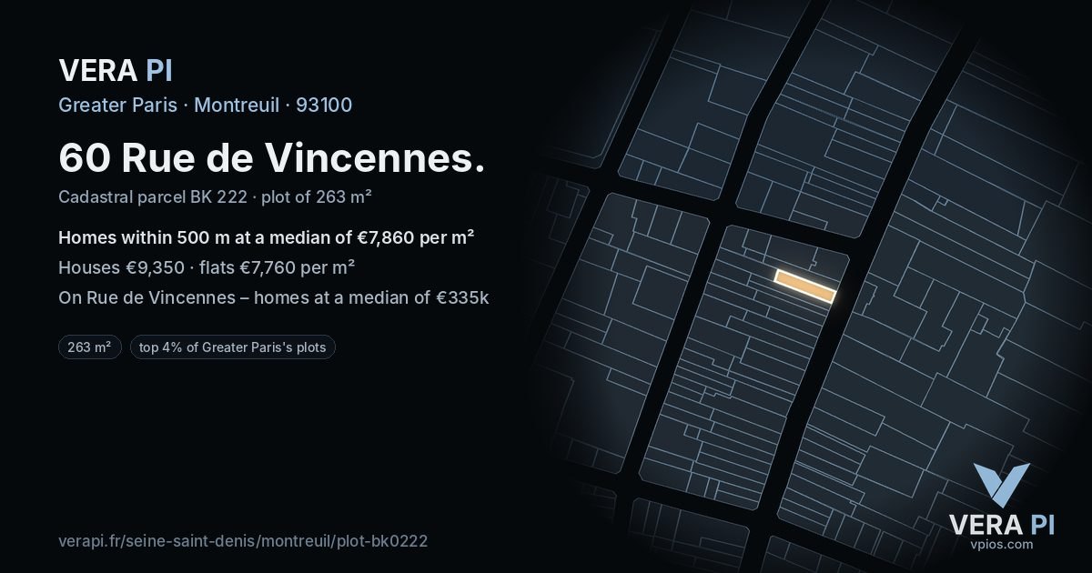 60 Rue de Vincennes, Montreuil at night – the plot lit, the parcels around coloured by the prices near them