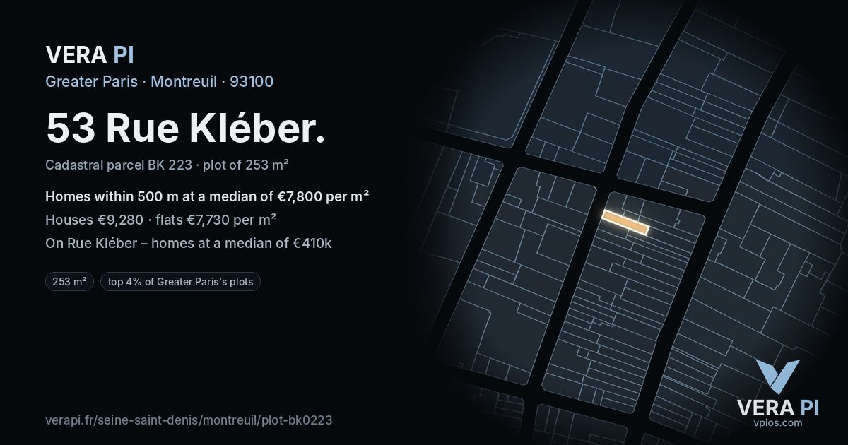53 Rue Kléber, Montreuil at night – the plot lit, the parcels around coloured by the prices near them