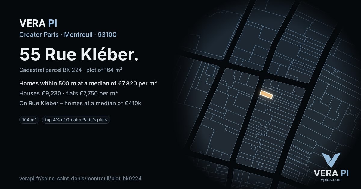 55 Rue Kléber, Montreuil at night – the plot lit, the parcels around coloured by the prices near them