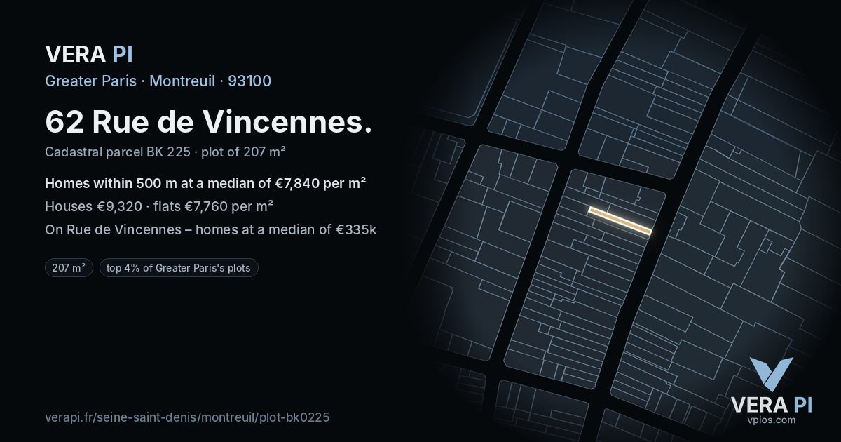 62 Rue de Vincennes, Montreuil at night – the plot lit, the parcels around coloured by the prices near them