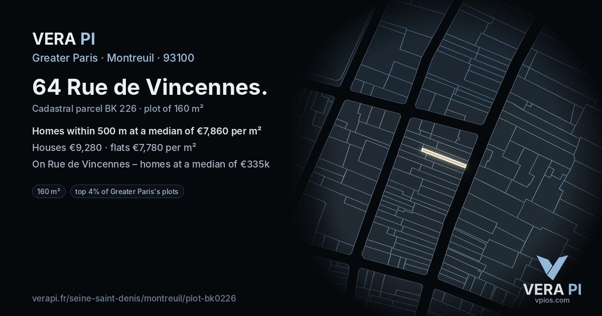 64 Rue de Vincennes, Montreuil at night – the plot lit, the parcels around coloured by the prices near them