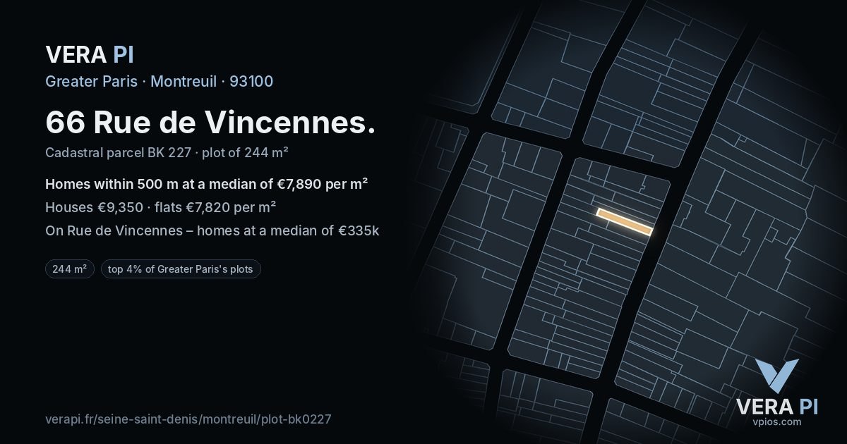 66 Rue de Vincennes, Montreuil at night – the plot lit, the parcels around coloured by the prices near them