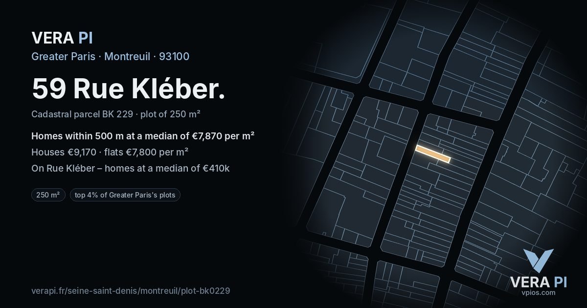 59 Rue Kléber, Montreuil at night – the plot lit, the parcels around coloured by the prices near them