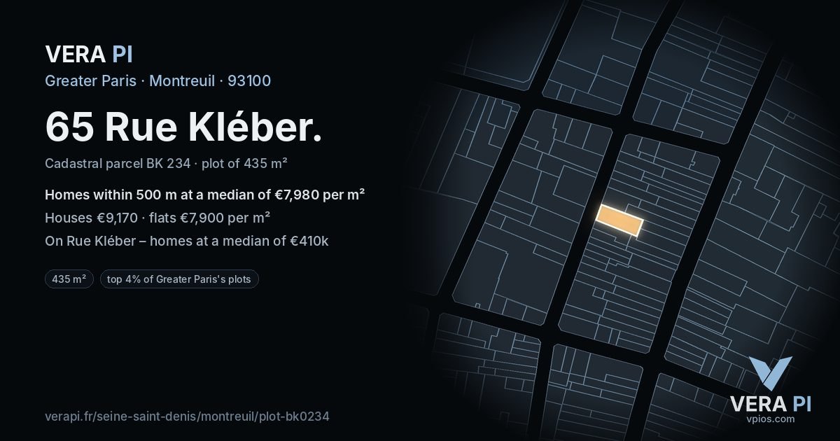 65 Rue Kléber, Montreuil at night – the plot lit, the parcels around coloured by the prices near them
