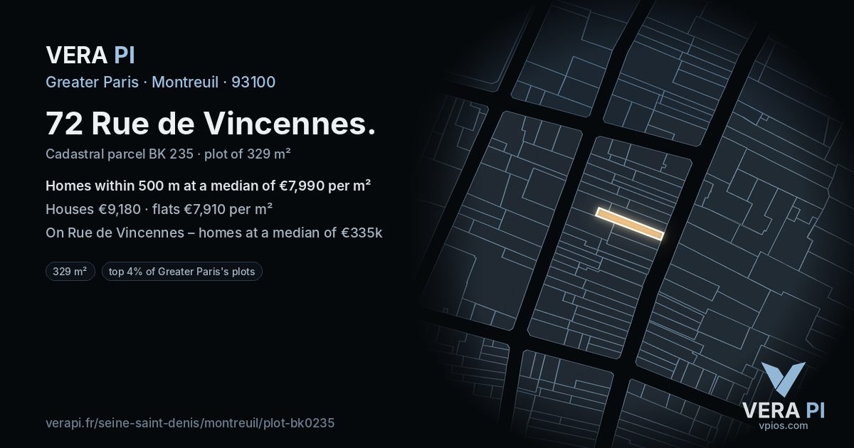72 Rue de Vincennes, Montreuil at night – the plot lit, the parcels around coloured by the prices near them