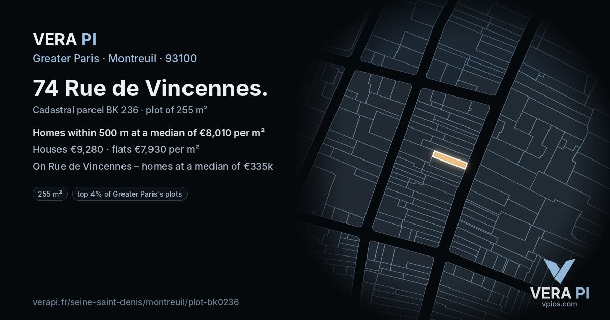 74 Rue de Vincennes, Montreuil at night – the plot lit, the parcels around coloured by the prices near them