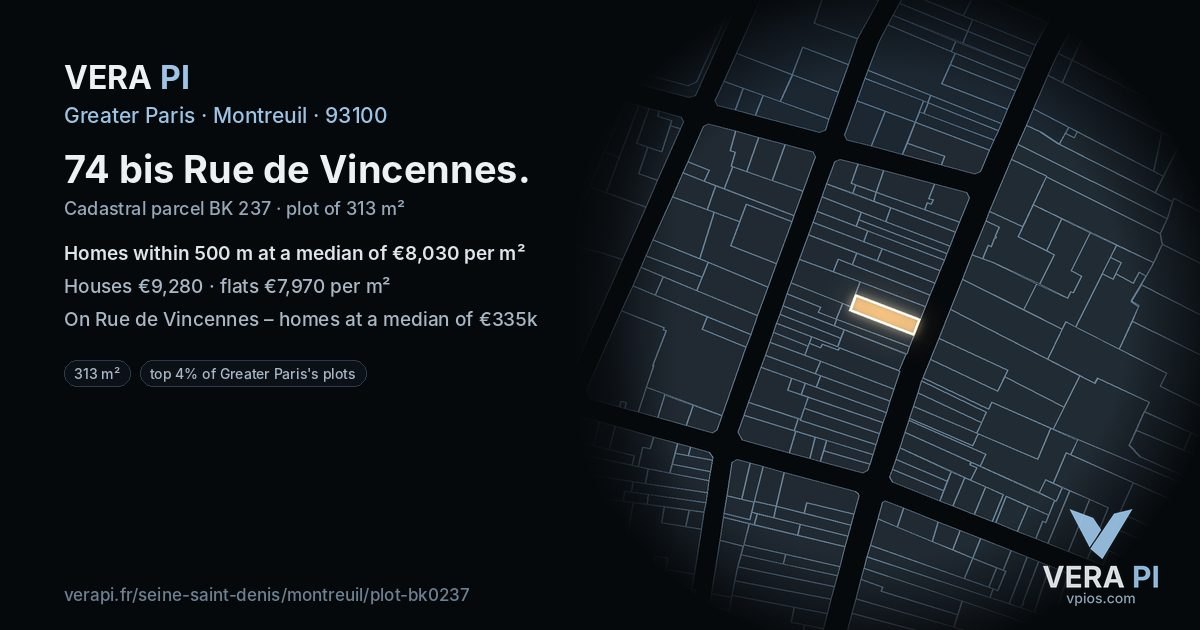 74 bis Rue de Vincennes, Montreuil at night – the plot lit, the parcels around coloured by the prices near them
