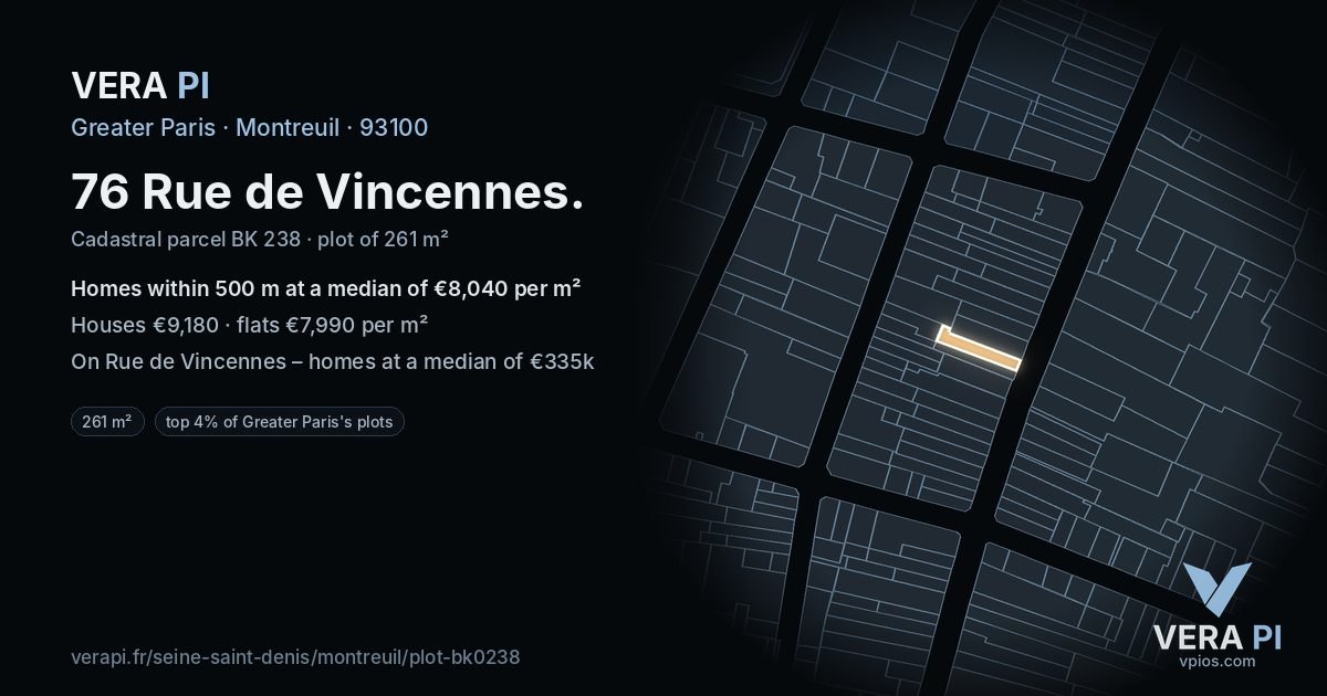 76 Rue de Vincennes, Montreuil at night – the plot lit, the parcels around coloured by the prices near them