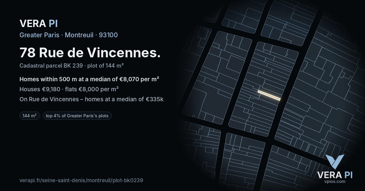 78 Rue de Vincennes, Montreuil at night – the plot lit, the parcels around coloured by the prices near them