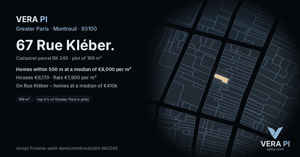 67 Rue Kléber, Montreuil at night – the plot lit, the parcels around coloured by the prices near them