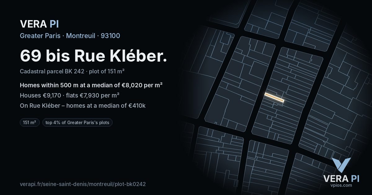 69 bis Rue Kléber, Montreuil at night – the plot lit, the parcels around coloured by the prices near them