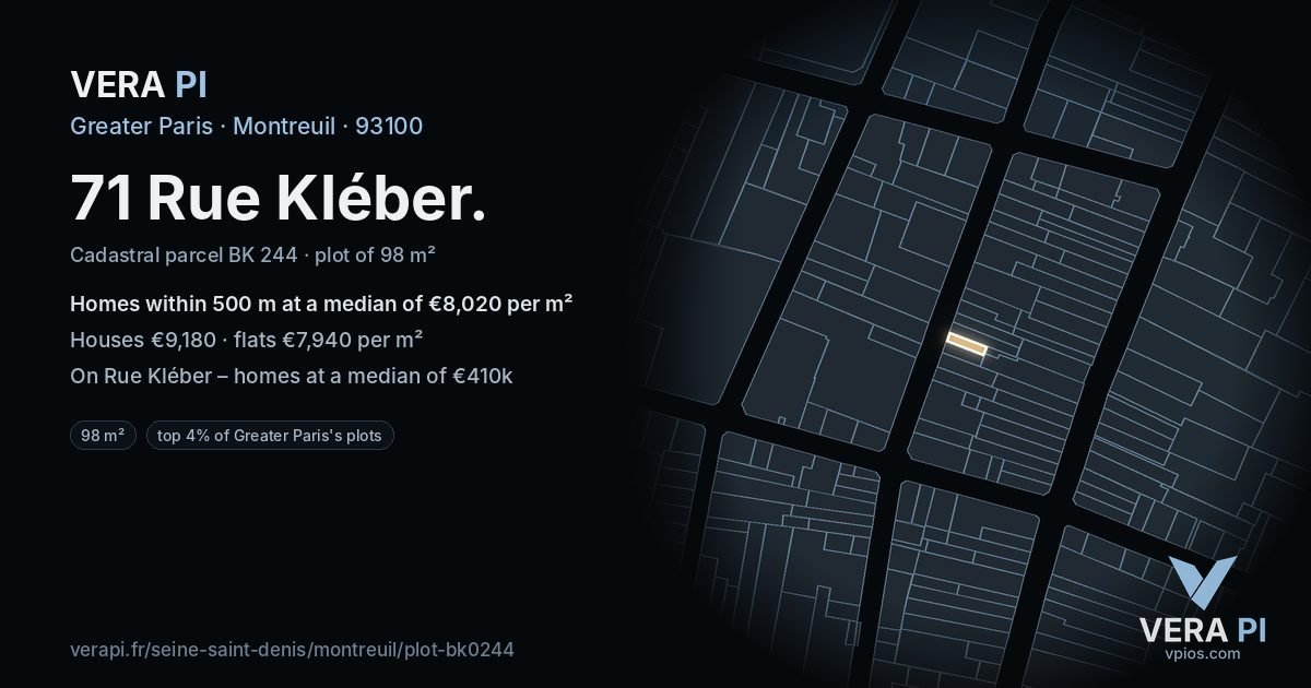 71 Rue Kléber, Montreuil at night – the plot lit, the parcels around coloured by the prices near them