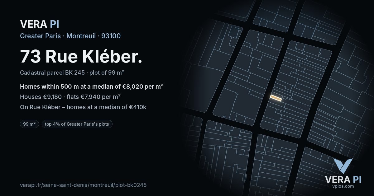 73 Rue Kléber, Montreuil at night – the plot lit, the parcels around coloured by the prices near them