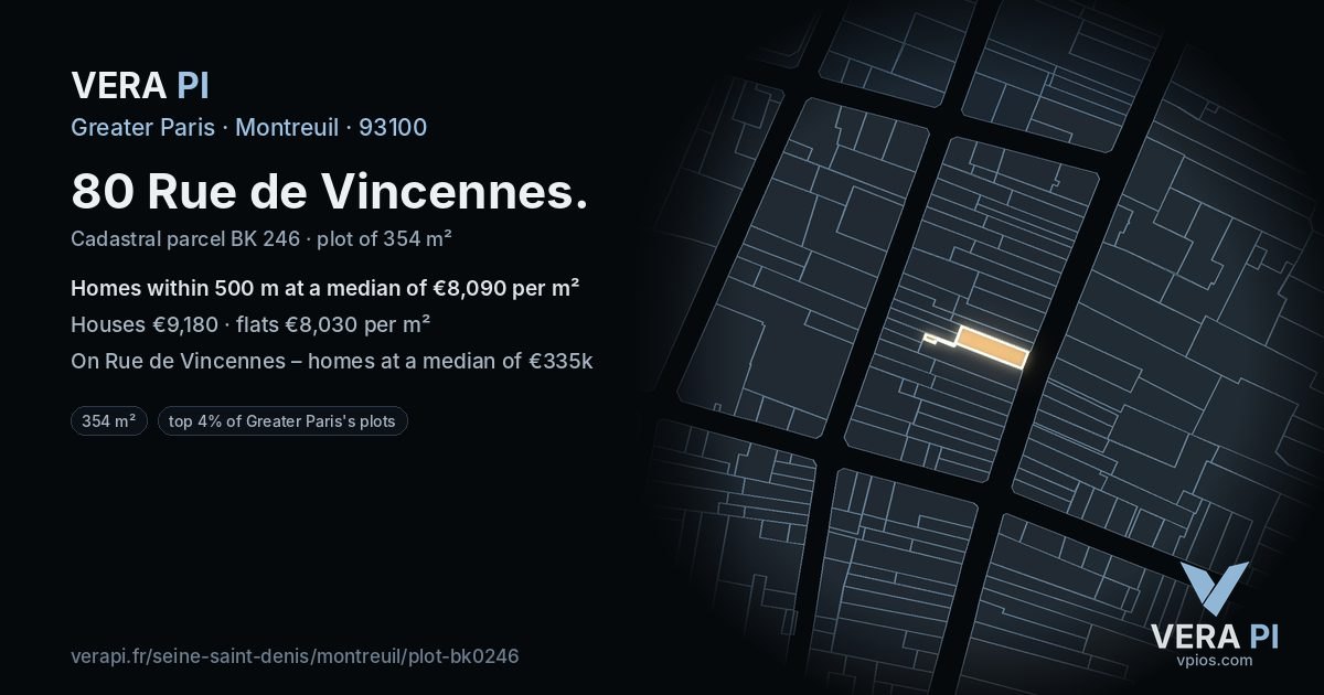80 Rue de Vincennes, Montreuil at night – the plot lit, the parcels around coloured by the prices near them