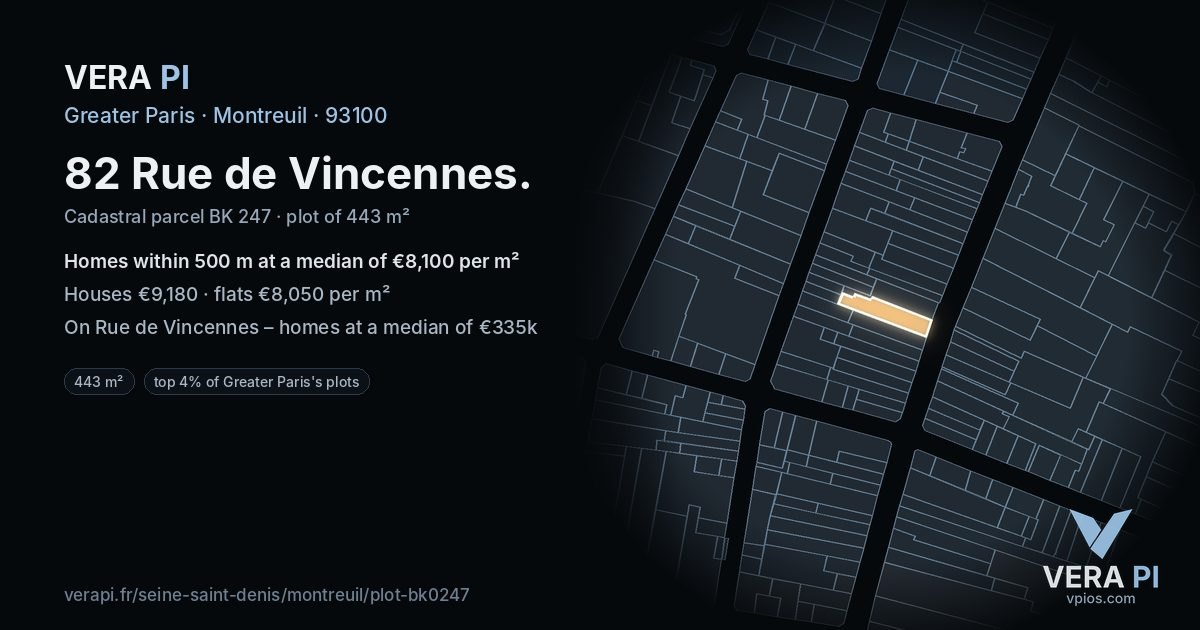82 Rue de Vincennes, Montreuil at night – the plot lit, the parcels around coloured by the prices near them