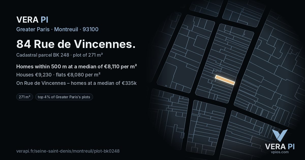 84 Rue de Vincennes, Montreuil at night – the plot lit, the parcels around coloured by the prices near them