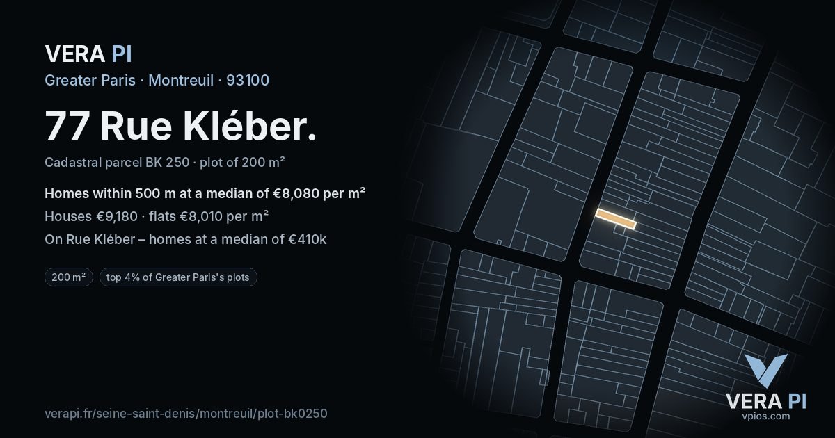 77 Rue Kléber, Montreuil at night – the plot lit, the parcels around coloured by the prices near them