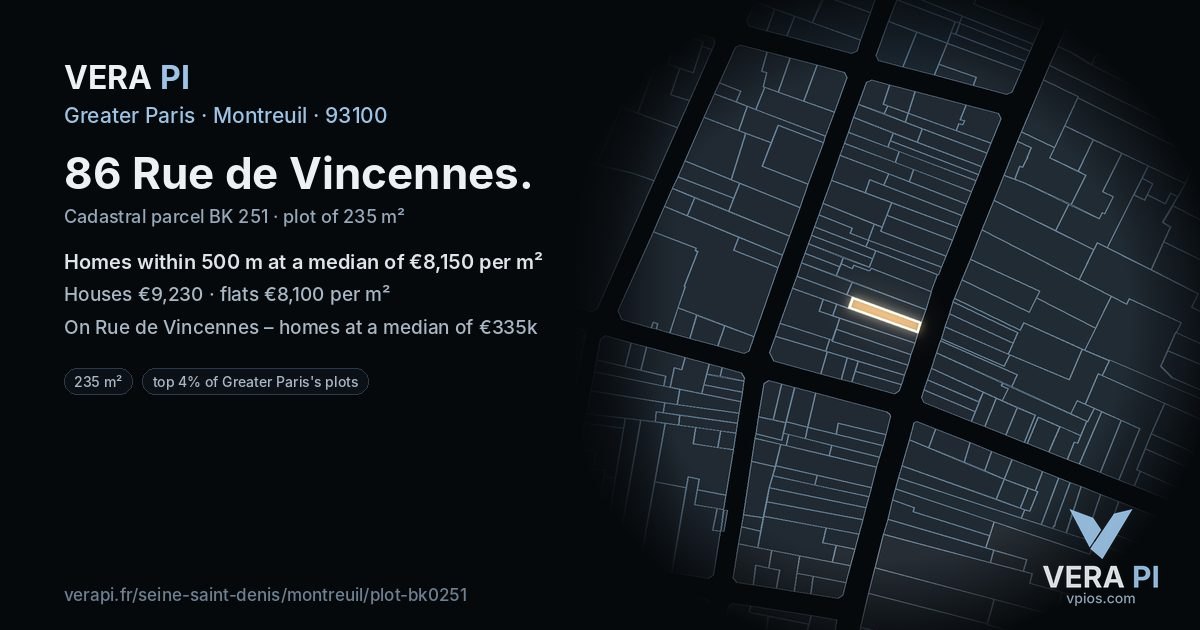 86 Rue de Vincennes, Montreuil at night – the plot lit, the parcels around coloured by the prices near them