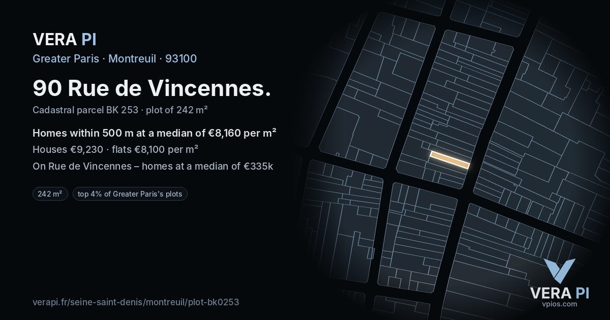 90 Rue de Vincennes, Montreuil at night – the plot lit, the parcels around coloured by the prices near them
