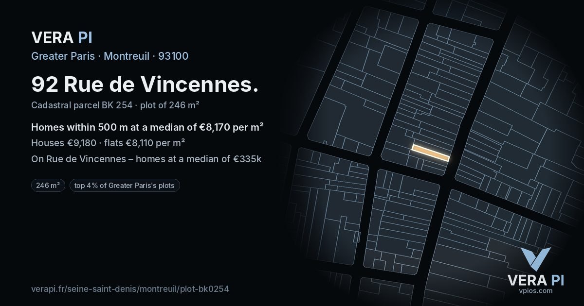 92 Rue de Vincennes, Montreuil at night – the plot lit, the parcels around coloured by the prices near them