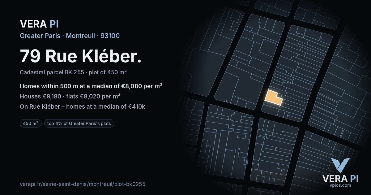 79 Rue Kléber, Montreuil at night – the plot lit, the parcels around coloured by the prices near them