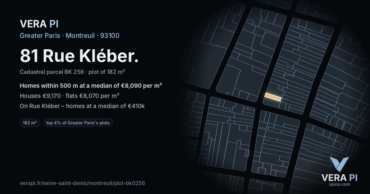 81 Rue Kléber, Montreuil at night – the plot lit, the parcels around coloured by the prices near them