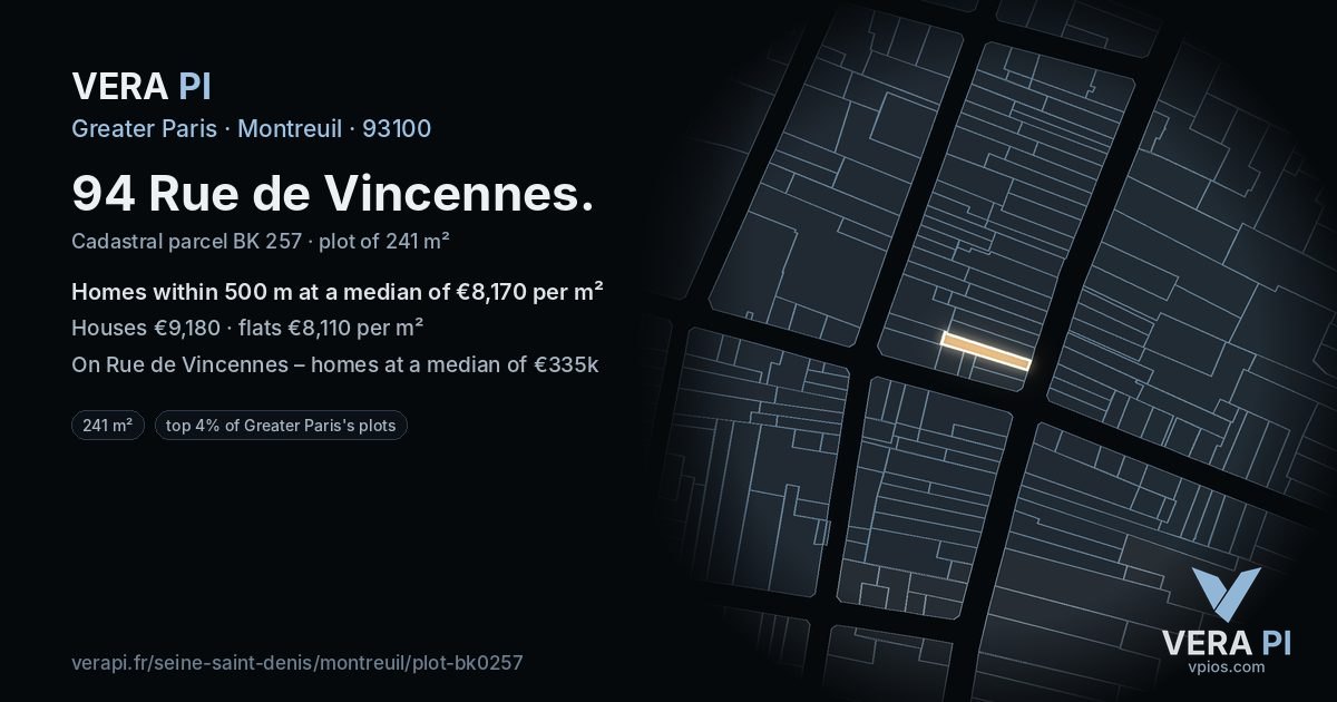 94 Rue de Vincennes, Montreuil at night – the plot lit, the parcels around coloured by the prices near them