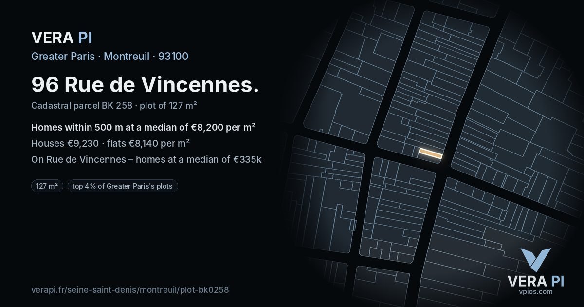 96 Rue de Vincennes, Montreuil at night – the plot lit, the parcels around coloured by the prices near them