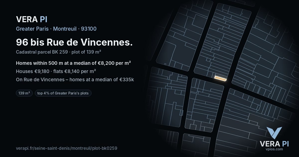 96 bis Rue de Vincennes, Montreuil at night – the plot lit, the parcels around coloured by the prices near them