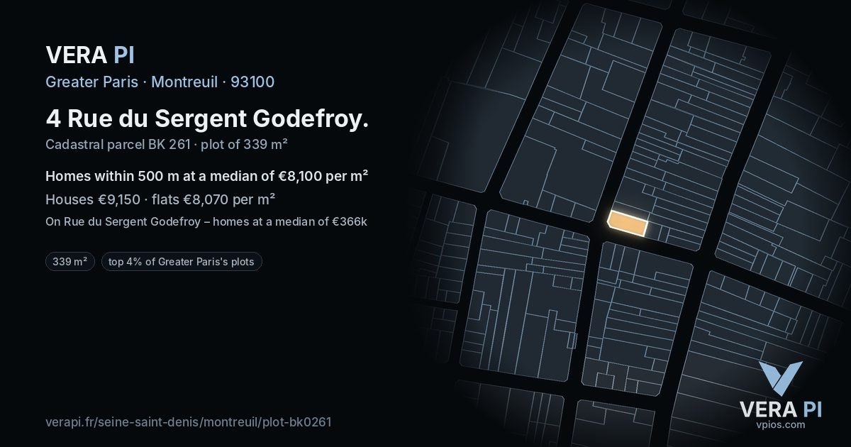 4 Rue du Sergent Godefroy, Montreuil at night – the plot lit, the parcels around coloured by the prices near them