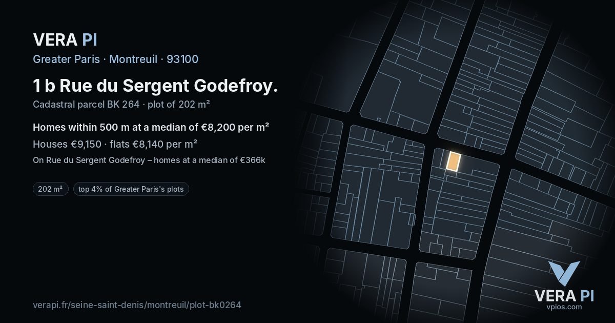 1 b Rue du Sergent Godefroy, Montreuil at night – the plot lit, the parcels around coloured by the prices near them