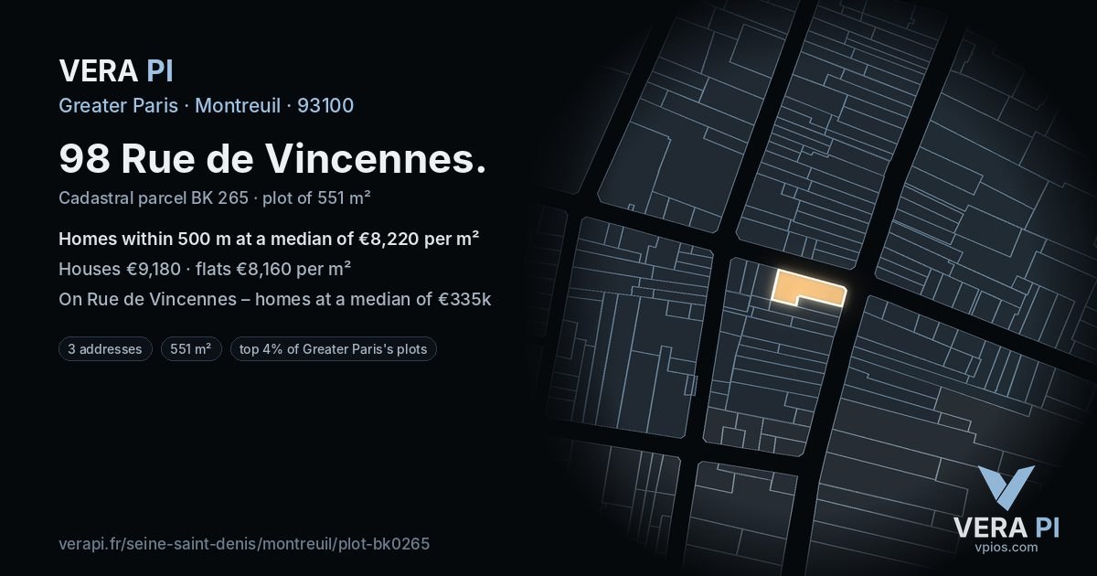 98 Rue de Vincennes, Montreuil at night – the plot lit, the parcels around coloured by the prices near them