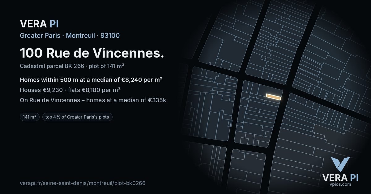 100 Rue de Vincennes, Montreuil at night – the plot lit, the parcels around coloured by the prices near them