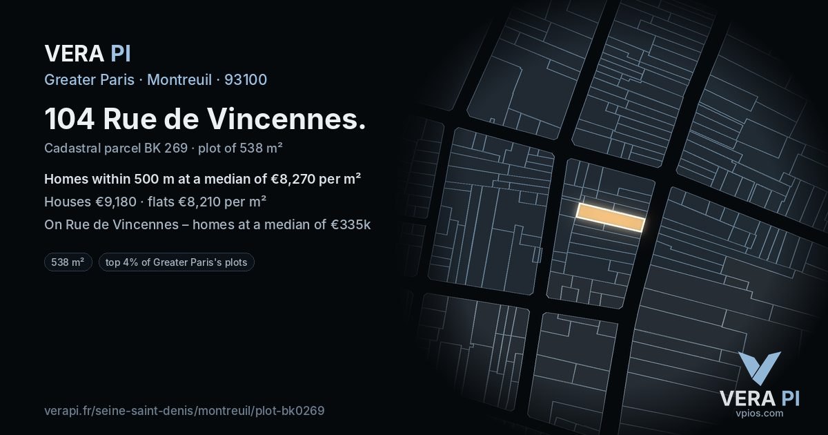 104 Rue de Vincennes, Montreuil at night – the plot lit, the parcels around coloured by the prices near them