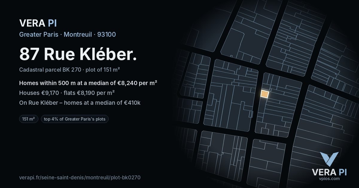 87 Rue Kléber, Montreuil at night – the plot lit, the parcels around coloured by the prices near them
