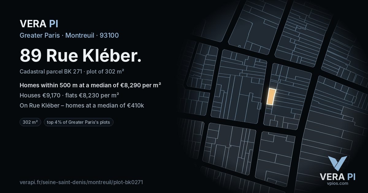89 Rue Kléber, Montreuil at night – the plot lit, the parcels around coloured by the prices near them