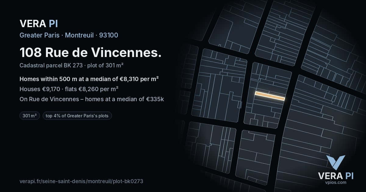 108 Rue de Vincennes, Montreuil at night – the plot lit, the parcels around coloured by the prices near them